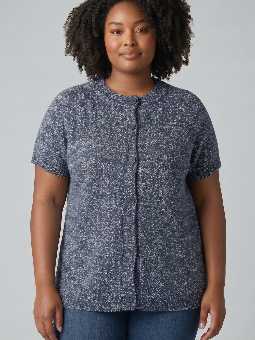 Blue Knit Button-Up Cardigan Short Sleeve Top Women Within size 18/20